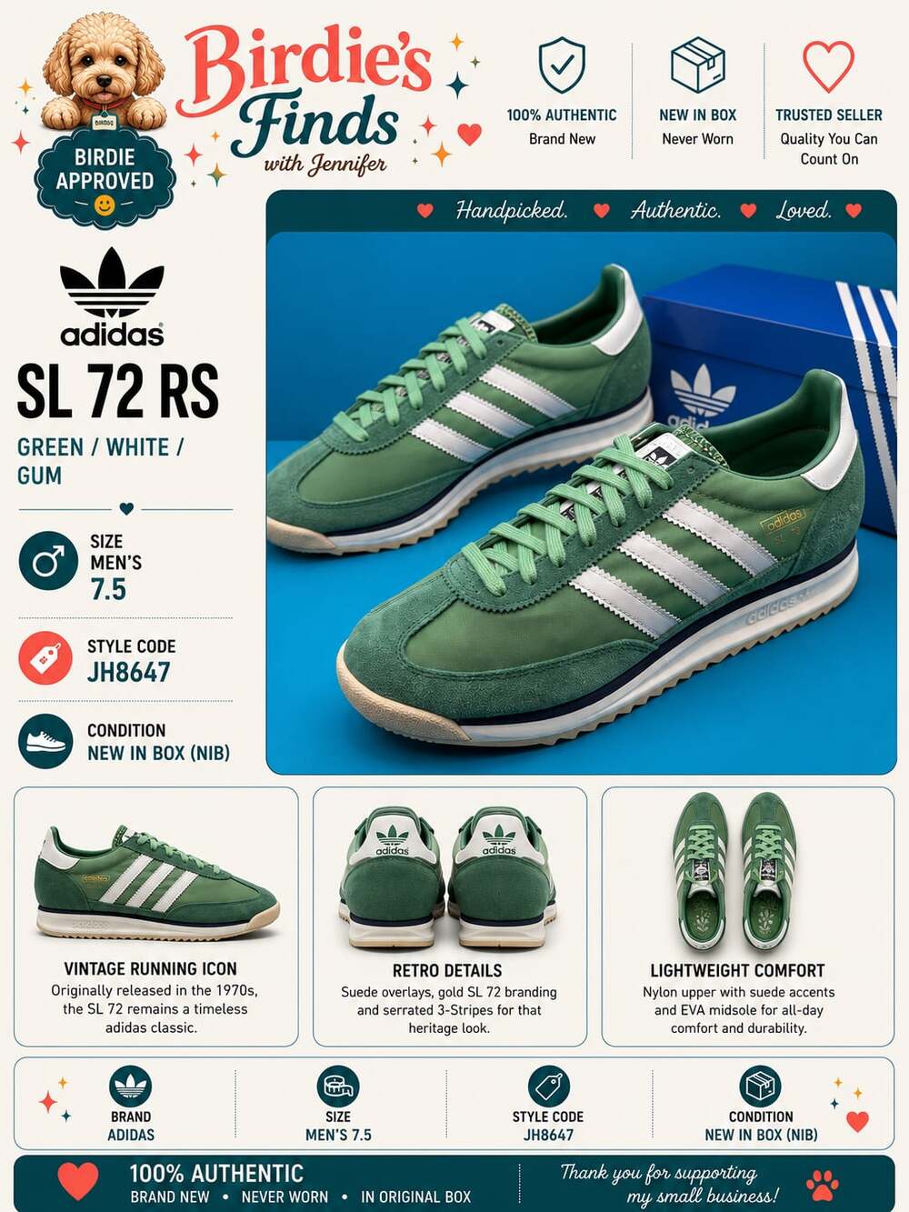 Adidas SL 72 OG Green White Sneakers Size 7.5